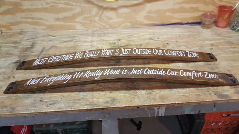 Wine barrel staves art project Lettering from George K, WI