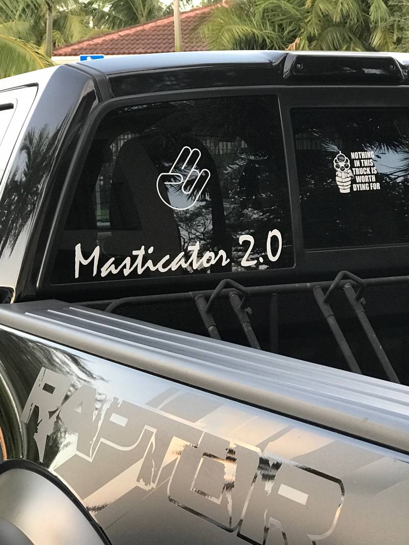The name of my Boat is Masticator. Used it on the boat Yeti and the back window on my Raptor. Lettering from ernie s, FL