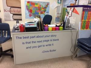 Desk at school. Teach English 10 Lettering from Heather H, VA