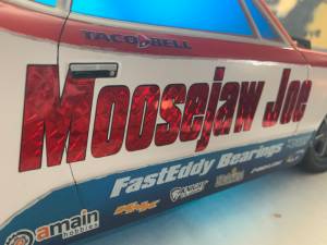 Team Associated DR10 No Prep Drag RC Car. Wanting a 70’s retro look and got it.  Lettering from Joe W, CA