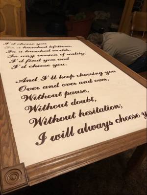 I painted and distressed a piece of fiberboard to make a wall hanging I could always take with me.   Lettering from Sara B, IA