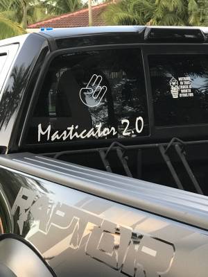The name of my Boat is Masticator. Used it on the boat Yeti and the back window on my Raptor. Lettering from ernie s, FL
